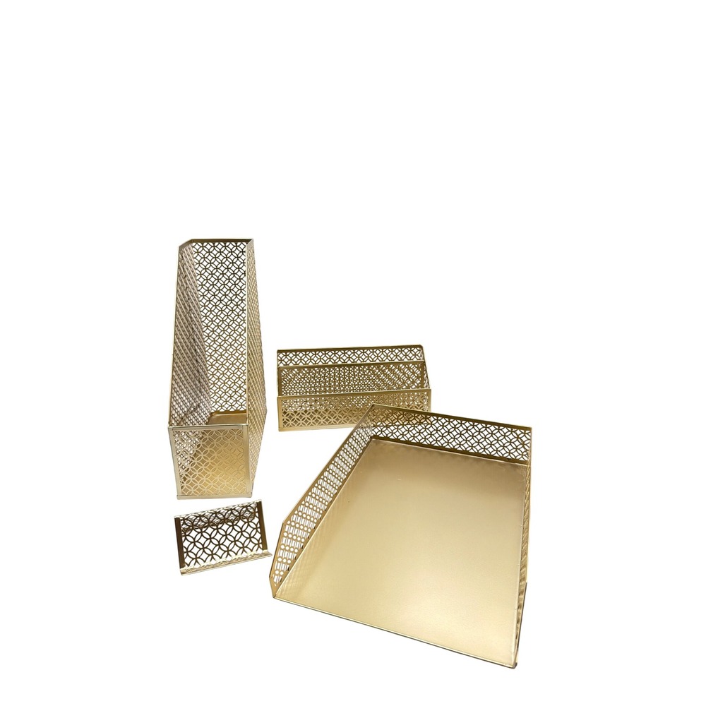 Unbranded Desk Organizer Set 4pc Gold Metal Geometric Lattice Office Accessories